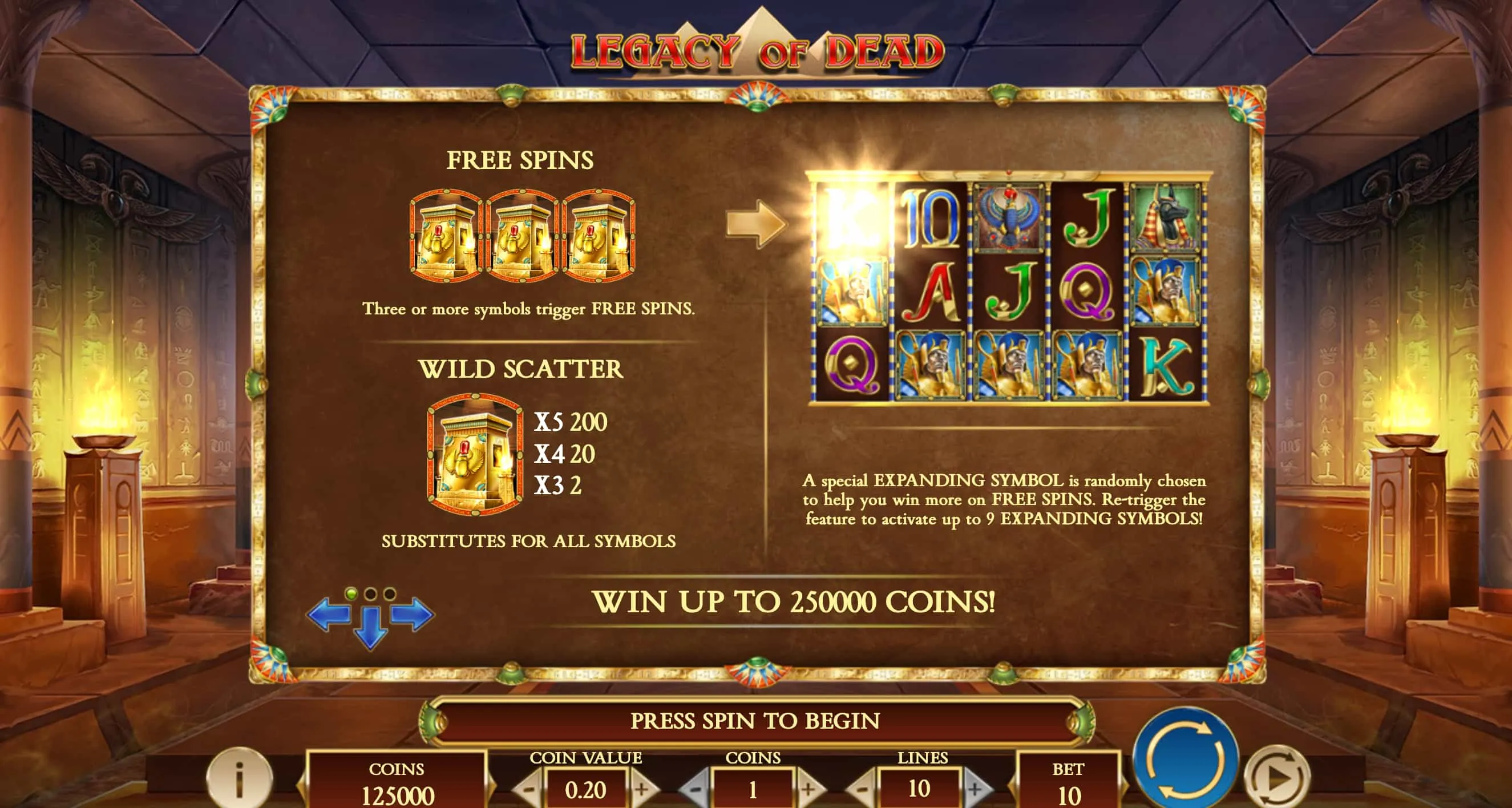 Die kostenlose Legacy of Dead Testversion von Play'n Go